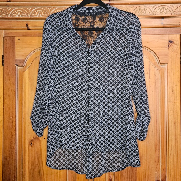 Zac & Rachel Black/White Semi-Sheer Geometric Button Up Shirt 3/4 Sleeves Size M - Picture 1 of 7